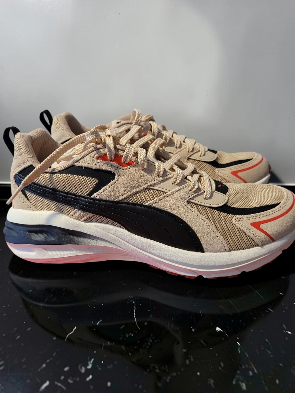 Puma Men's Beige and Black Running Sneakers with Coral Accents